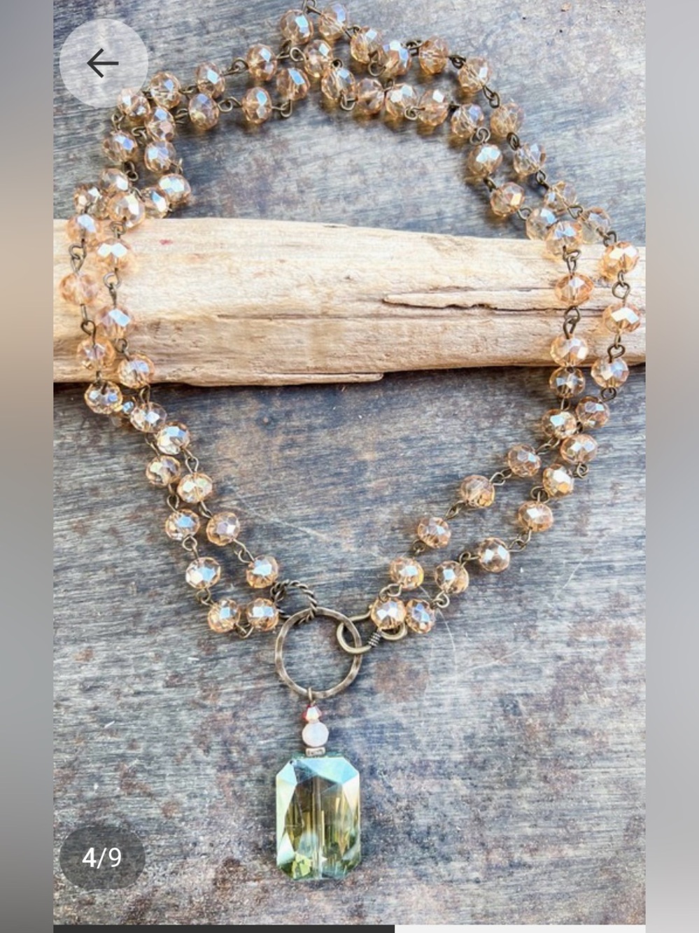 Faceted Champagne Bead Necklace with Green Crystal Drop